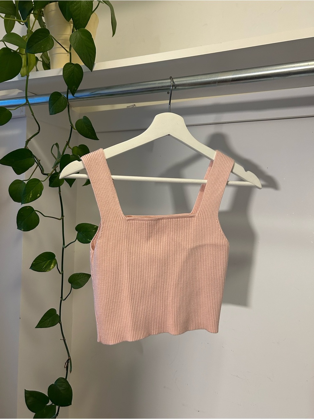 Pink Ribbed Square-Neck Crop Tank Top